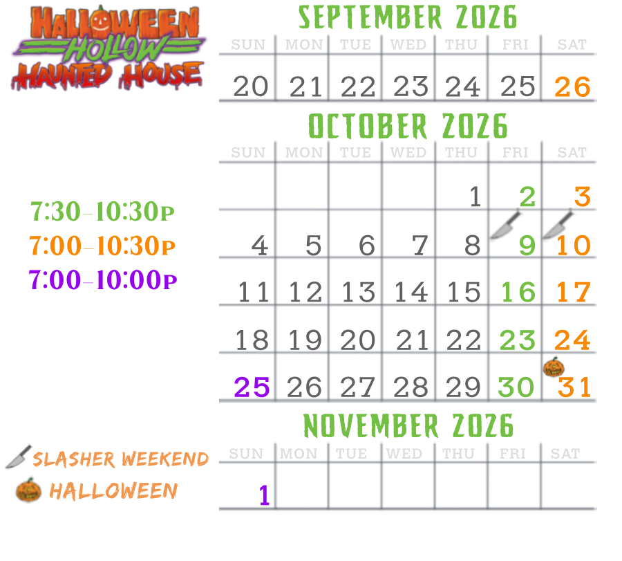 Halloween Hollow 2026 season calendar of open nights, September through November