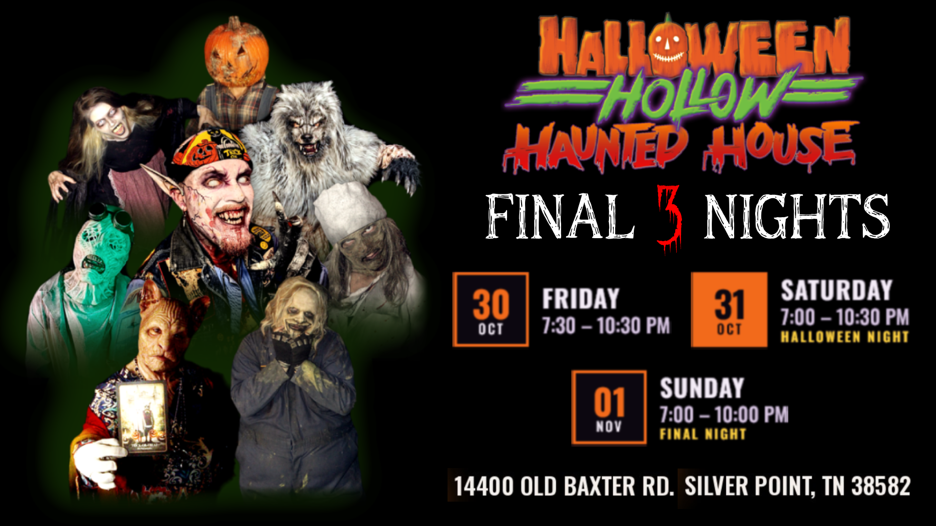 Halloween Hollow 2026 season calendar of open nights, September through November